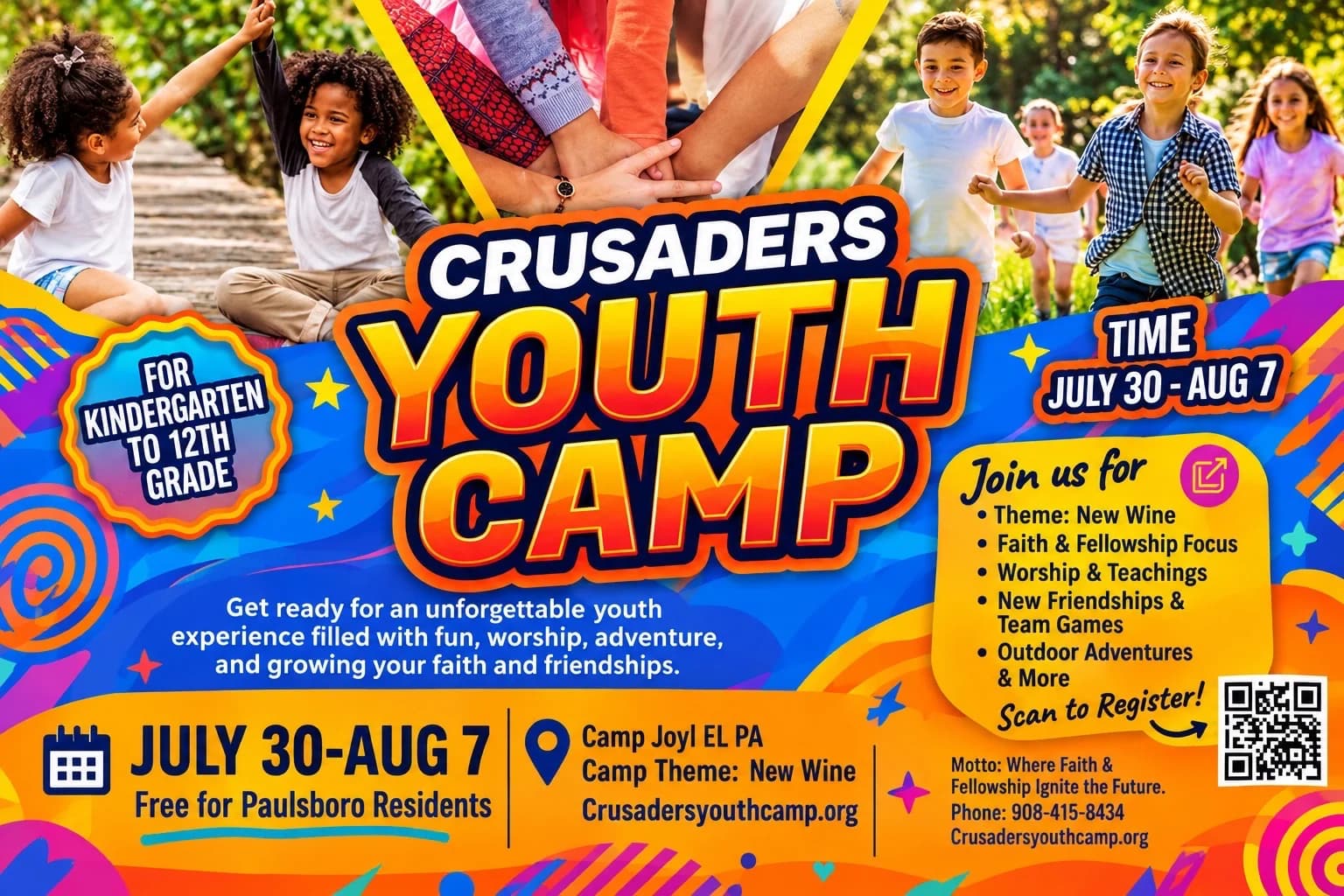 Crusaders Youth Camp 2027 flyer: July 30 – August 7, 2027 at Camp Joy El. Theme: New Wine. Kindergarten – 12th Grade. Free for Paulsboro residents.